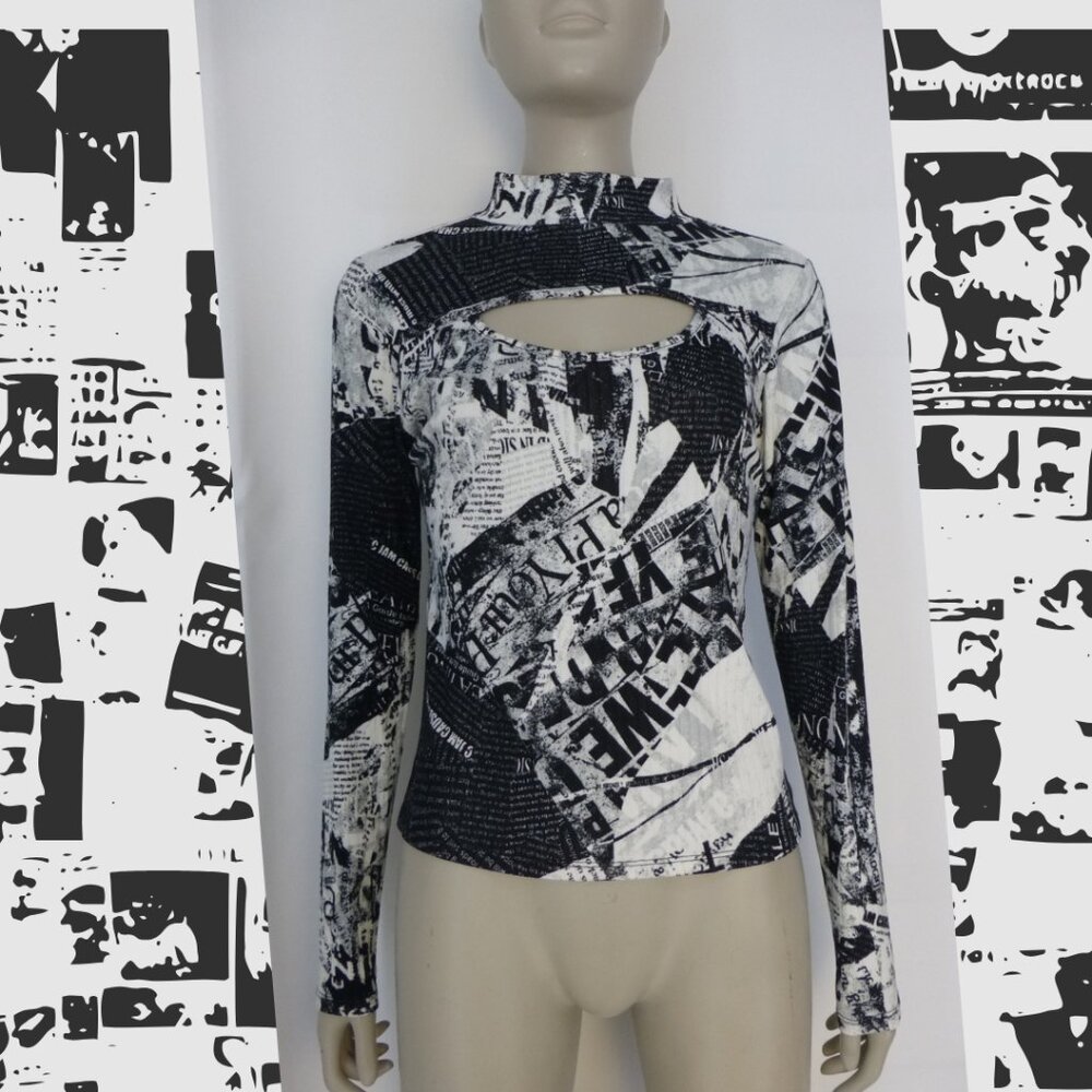 Newspaper Graphic Long Sleeve, High Neck, Cut Out At Chest Top